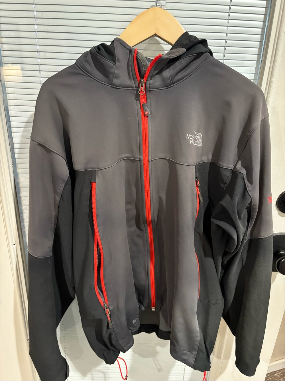 The North Face Gray and Red Hooded Performance Softshell Jacket